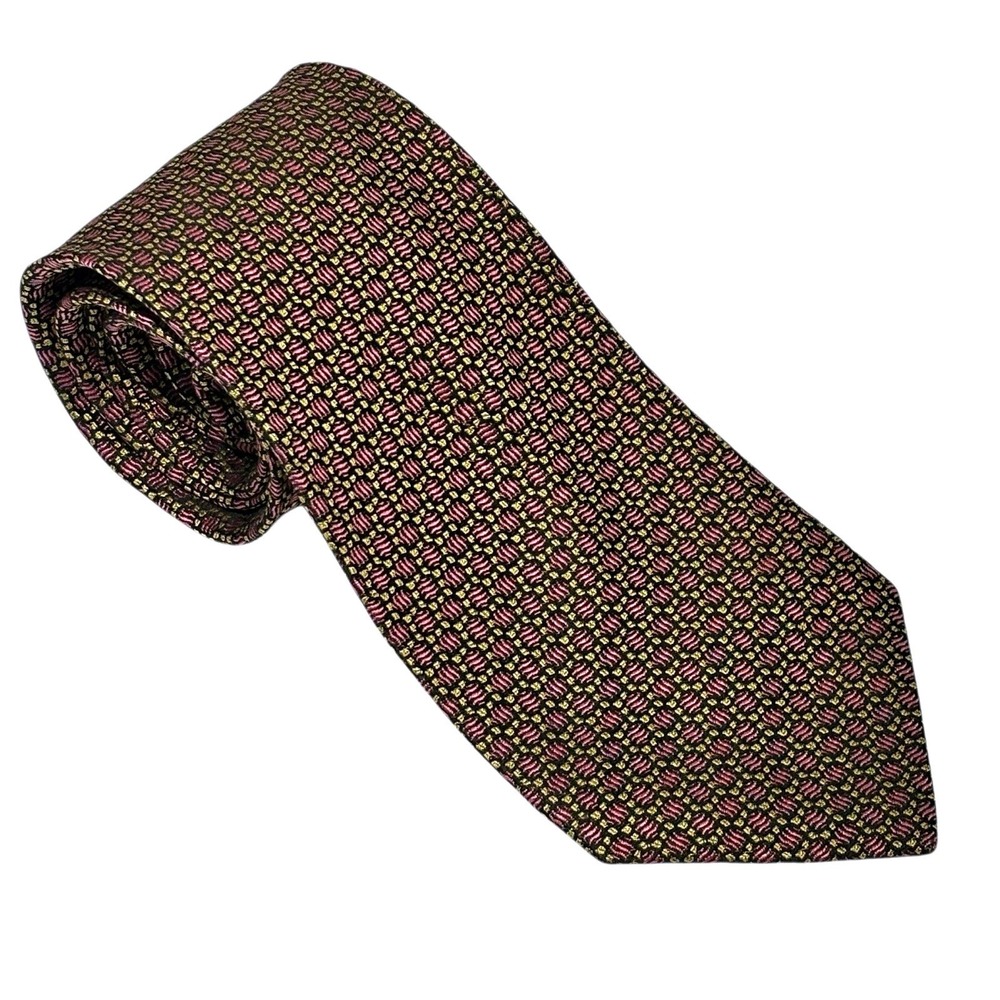 Vintage Burberrys Mens Silk Tie Burgundy Gold Geometric Woven Made in England